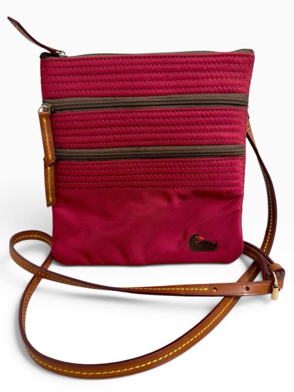 Dooney & Bourke Red Nylon Leather Triple Zip Crossbody Bag Duck Logo Purses